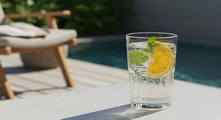 Refreshing citrus drink with mint and lemon by poolside  