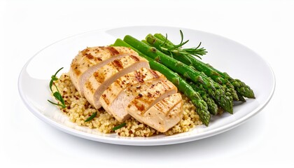 Grilled Chicken Breast Slices with Asparagus and Quinoa on White Plate