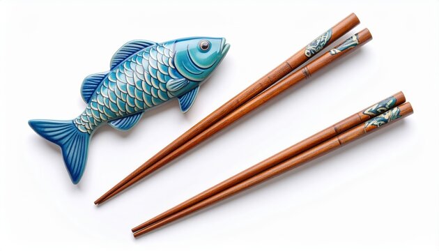 Ceramic fish chopstick rest with wooden chopsticks on a white background