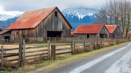 Obraz premium Rustic Wooden Barns with Red Roofs and Snow Capped Mountains