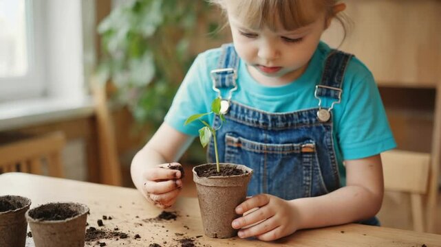 A young child engrossed in the nurturing of a seedling, tenderly planting a young plant in a small pot, showcasing the delicate act of gardening and the beginning of new life. 