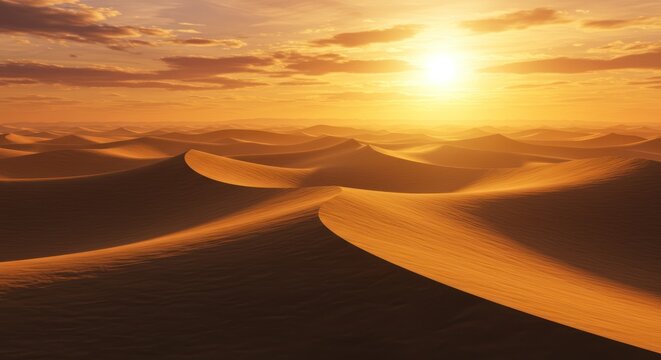 Golden Hour Desert Landscape Sun-Kissed Dunes and Majestic Sunset