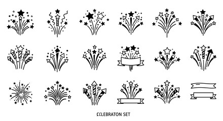 Collection of hand drawn fireworks and celebration elements in black and white doodle style