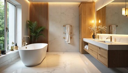 Serene Spa-Like Bathroom Freestanding Tub, Elegant Fixtures, Soft Lighting, Luxurious Bathing Experience