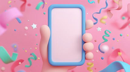 Cartoon hand holding smartphone with colorful confetti and streamers celebrating on pink background