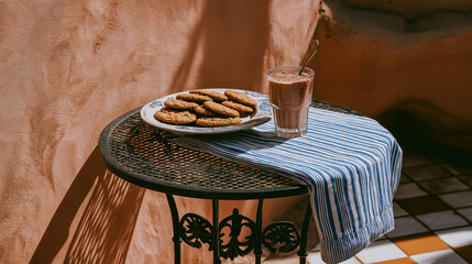 Oatmeal cookies and chocolate milk resting on a bistro table in sunlight