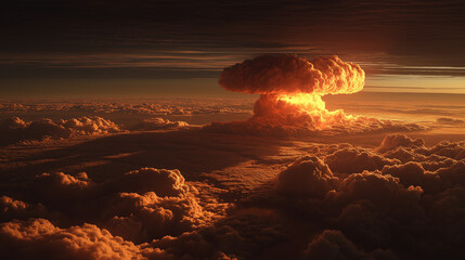 Nuclear explosion expanding above clouds at sunset