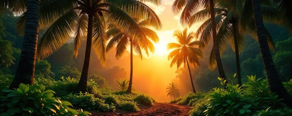 Golden Hour in a Lush Palm Forest Magical Sunset Sunlight Filtering Through Vibrant Tropical Leaves, Perfect for Travel and Nature Projects