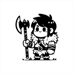 Cartoon illustration of a cute viking character holding an axe, depicted in a minimalist black and white style.