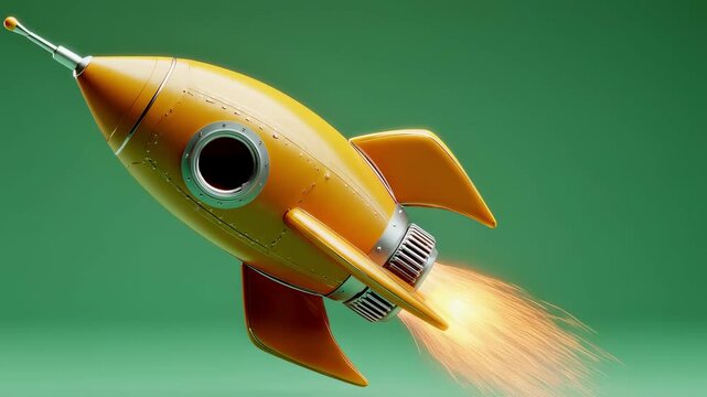 Vibrant yellow rocket ship takes off with fiery flames against a green backdrop, symbolizing innovation and adventure. Perfect for business startups and space travel concepts