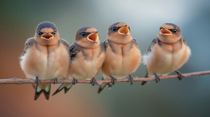 Four baby birds chirping on a branch, waiting for food