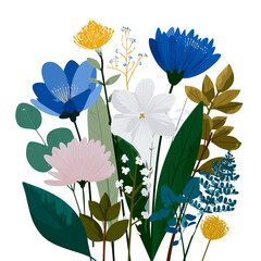 Colorful floral bouquet with leaves in flat vector illustration style, perfect for design projects.