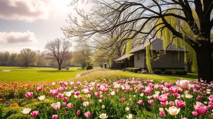 Obraz premium Springtime Reverie: A quaint cottage nestles amidst a vibrant tulip field, framed by blooming trees and bathed in the gentle glow of a sunny spring day.
