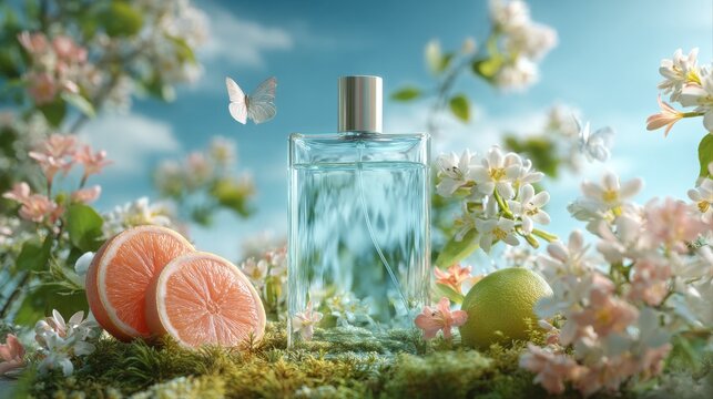 a sleek perfume bottle resting in vibrant spring moss, surrounded by creamy Indian tuberose flowers, white-orange blossoms, and fresh green-yellow bergamot slices. 