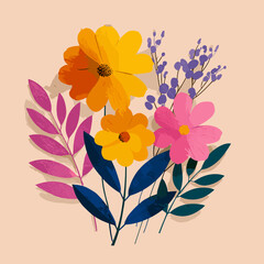 Colorful flat vector illustration of blooming flowers and green leaves in minimalist design