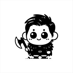 Cartoon illustration of a cute viking character holding an axe, depicted in a minimalist black and white style.
