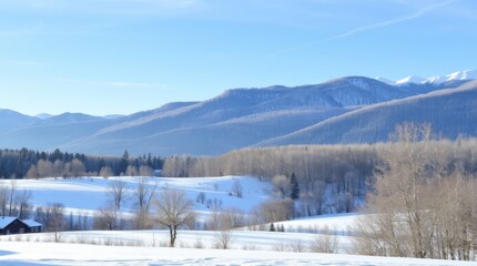 Winter Mountain Landscape: A serene snow-covered valley nestled beneath a range of majestic mountains, capturing the tranquility of a winter's day.