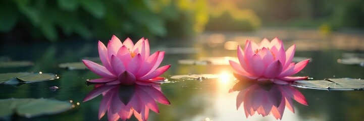 Pink Lotus Blossoms Emerging from Tranquil Pond at Sunrise, Peaceful Idyllic Nature Scene Perfect for Meditation, Spa, and Wellness