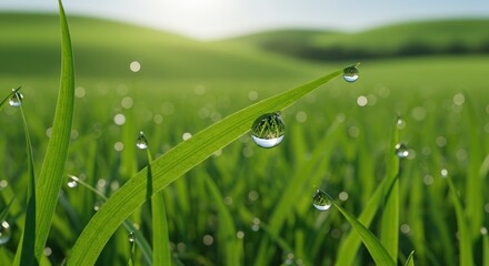 Morning Dew on Grass Blades A Close-Up View of Nature's Beauty