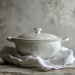 Elegant ceramic pot resting on a textured cloth