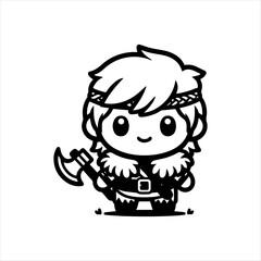 Adorable Chibi Warrior Boy with Messy Hair and Battle Axe – Black and White Vector Illustration