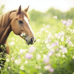 Brown horse enjoying flowers in a green meadow