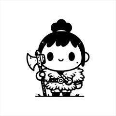 Cute Chibi Barbarian Warrior with Axe in Fur Outfit – Black and White Vector