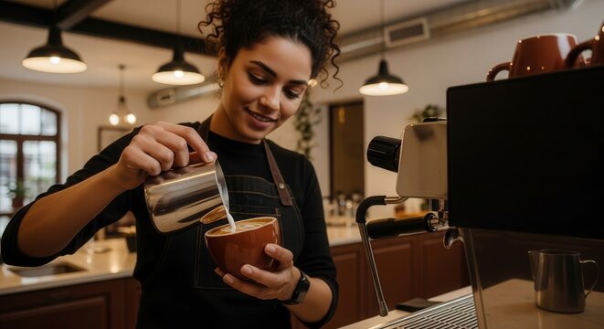 Barista pouring milk into coffee cup making latte art in cafe shop professional coffee maker machine