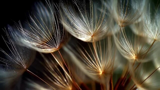 camera pans across dandelion seeds sunlit garden, each catching light casting tiny shadows ground.