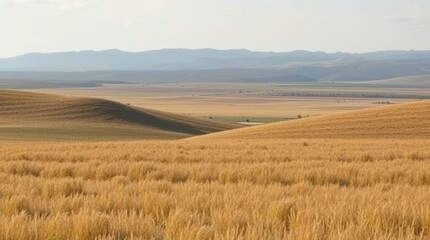 Obraz premium Golden Wheat Field Panorama: The scene captures the essence of tranquility with an expansive field of golden wheat swaying gently in the breeze, complemented by a rolling landscape in the distance.