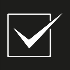 Checkmark success icon. Approval task symbol. Vector mark design. Black background shape.