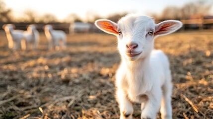 Obraz premium Cute baby goat in a field at sunset
