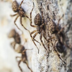 Spiders climbing on rocky surface during daylight