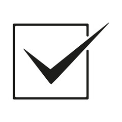 Checkmark white background icon. Approval task symbol. Vector mark design. Black background shape.
