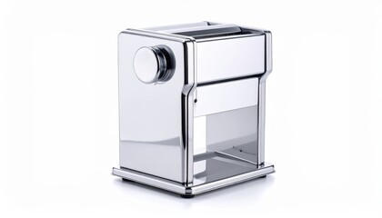 Gleaming chrome pasta machine isolated against a stark white background