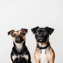 Two playful dogs posing against a white background