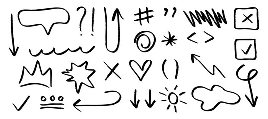 Unique hand drawn sketches of various symbols and icons
