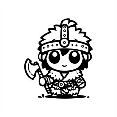 Adorable cartoon Viking warrior girl, holding an axe, in simple black and white line art.