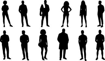 Vector silhouettes men and women, illustration. Silhouettes of young people posing in casual clothes. EPS 10 version.