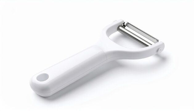 Modern White Vegetable Peeler with Stainless Steel Blade on White Background - Powered by Adobe