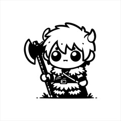 A cute, stylized cartoon barbarian boy holds a large axe.