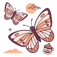 Cute Peaceful Butterflies, accessorized with with a bubble tea, in a Desert sunset world – Sundown Glow palette vector
