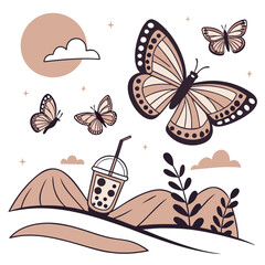 Cute Peaceful Butterflies, accessorized with with a bubble tea, in a Desert sunset world – Sundown Glow palette vector