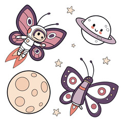 Cute Mischievous Butterflies, accessorized with sitting on a moon, in a Space explorer world – Cosmic Pastels palette vector