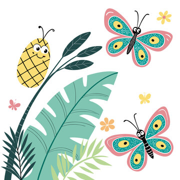 A Cheerful Butterflies with with a giant leaf in a Tropical theme &ndash; Tropical Vibes palette SVG illustration