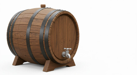 Rain barrel with wine barrel design on white background, decorative water storage