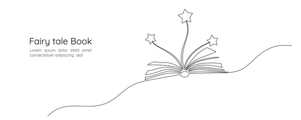 Opened book with flying page and stars in one continuous line drawing. Magic of reading and children library concept in simple linear style. Editable stroke. Doodle oneline vector illustration
