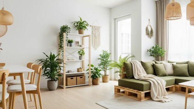 A bright and airy living room features a modern design with indoor plants and minimalist furniture