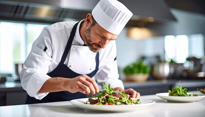 Concentrated chef delicately garnishing an appetizing salad in a bright, modern restaurant kitchen environment for discerning diners.