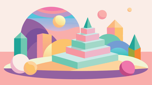 Abstract geometric landscape with playful shapes and pastel colors illustration